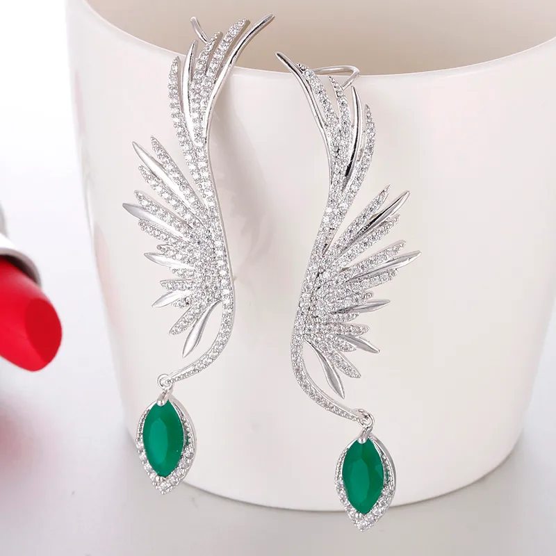 Luxury Feather CZ Stone Ear Cuff Hang Water Drop Big Clip Earrings