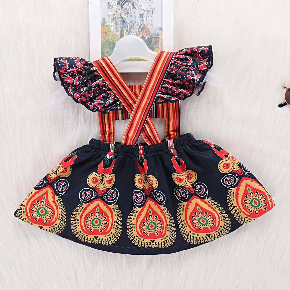 Ins Summer Baby Girls Vintage Dress Kids National Style Ruffles Suspender Skirt Dress Children Causal Dresses 14780