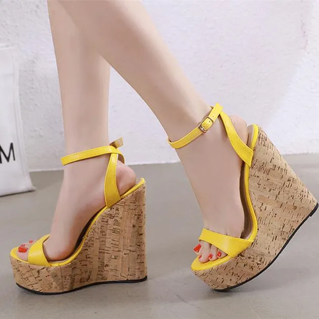 women designer sandals slides yellow wooden grain platform wedge high heel sandals size 35 to 40