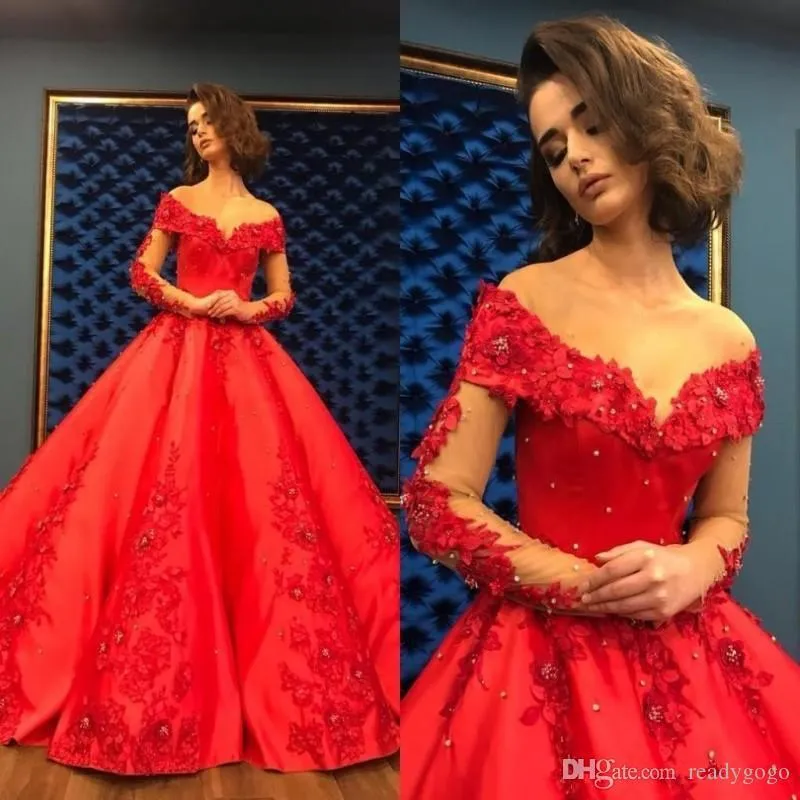 Red Elegant Ball Gown Quinceanera Dresses Lace Applique Off Shoulder Long Sleeve Puffy Skirt Arabic Dubai Evening Gowns Vestidos 15 anos