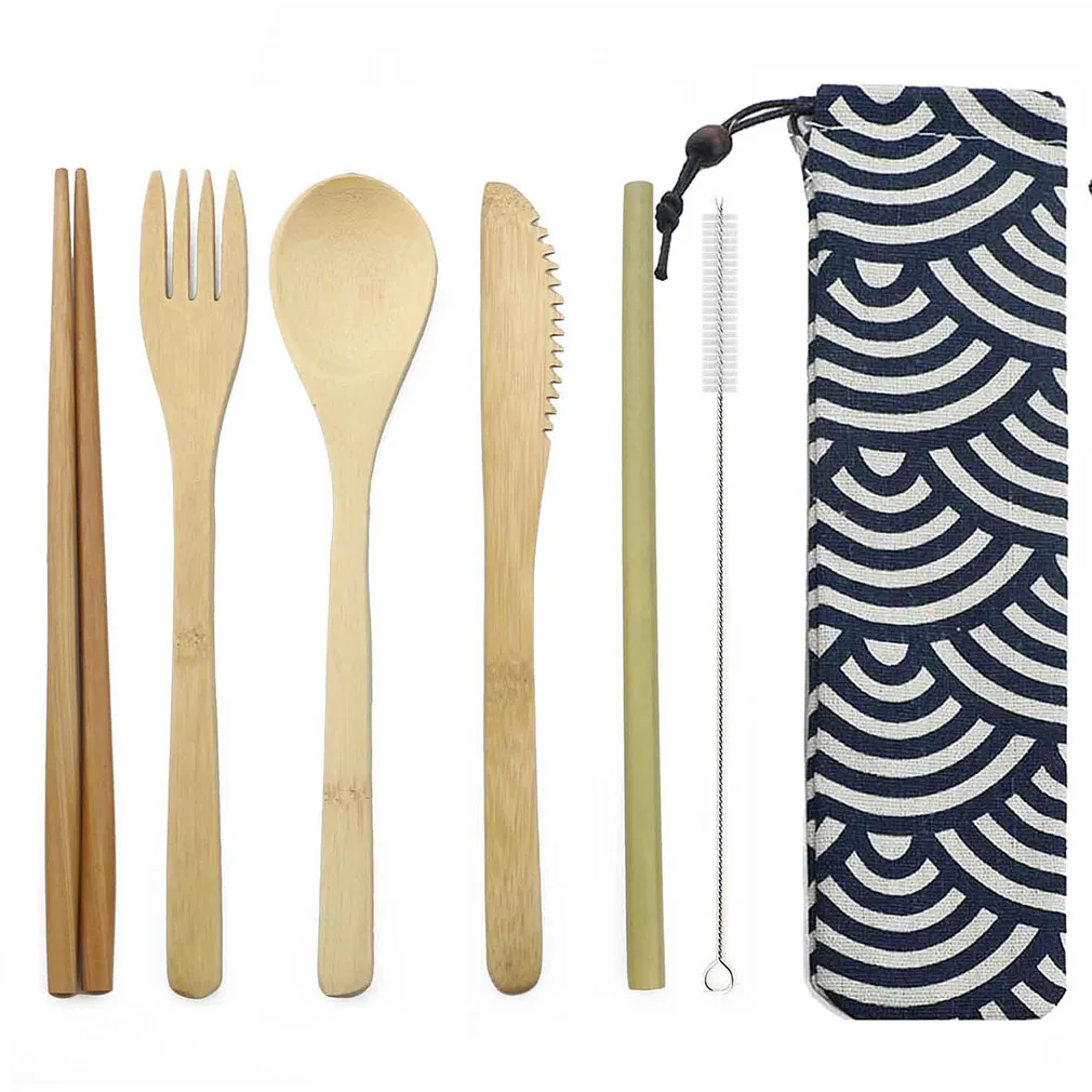 7 stks / set Travel Servies Set Eco-vriendelijke Houten servies Set Draagbare Fork Mes Lepel Bestek Set Houten Buitengerei met Pouch