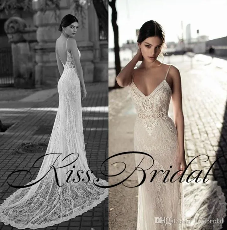 Full Sexy White Sheath Wedding Dresses Sweep Train Lace Illusion Gowns Spaghetti Straps Vintage Arabic Gali Karten Bridal