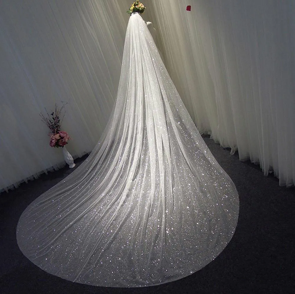 3 meter sparkle tule bruids sluier lange bling bling luxe bruiloft sluiers bruids accessoires kathedraal lengte in voorraad 1 tier bruid sluiers