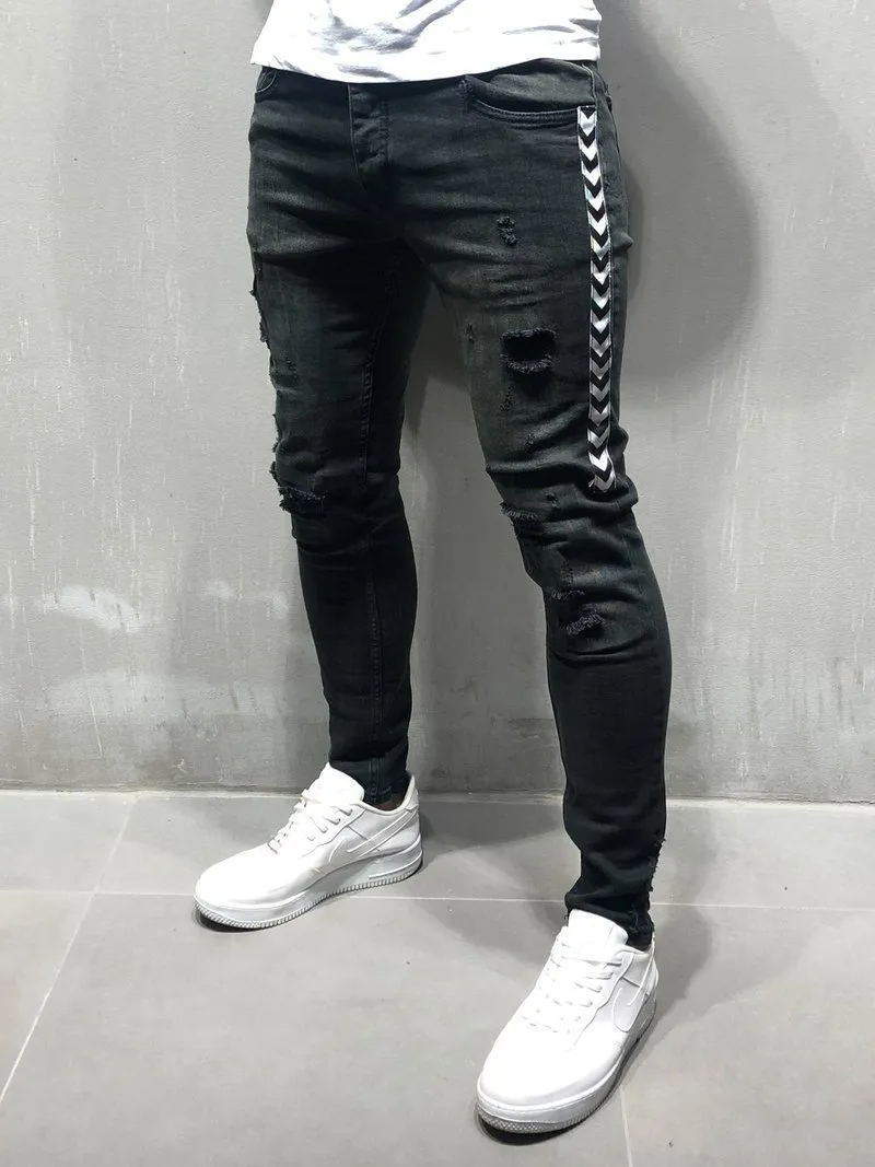 Fashion-magro longo desenhista mens jeans faca fita painéis fina de lápis slim calças de rua Hip-Hop Mens Calças