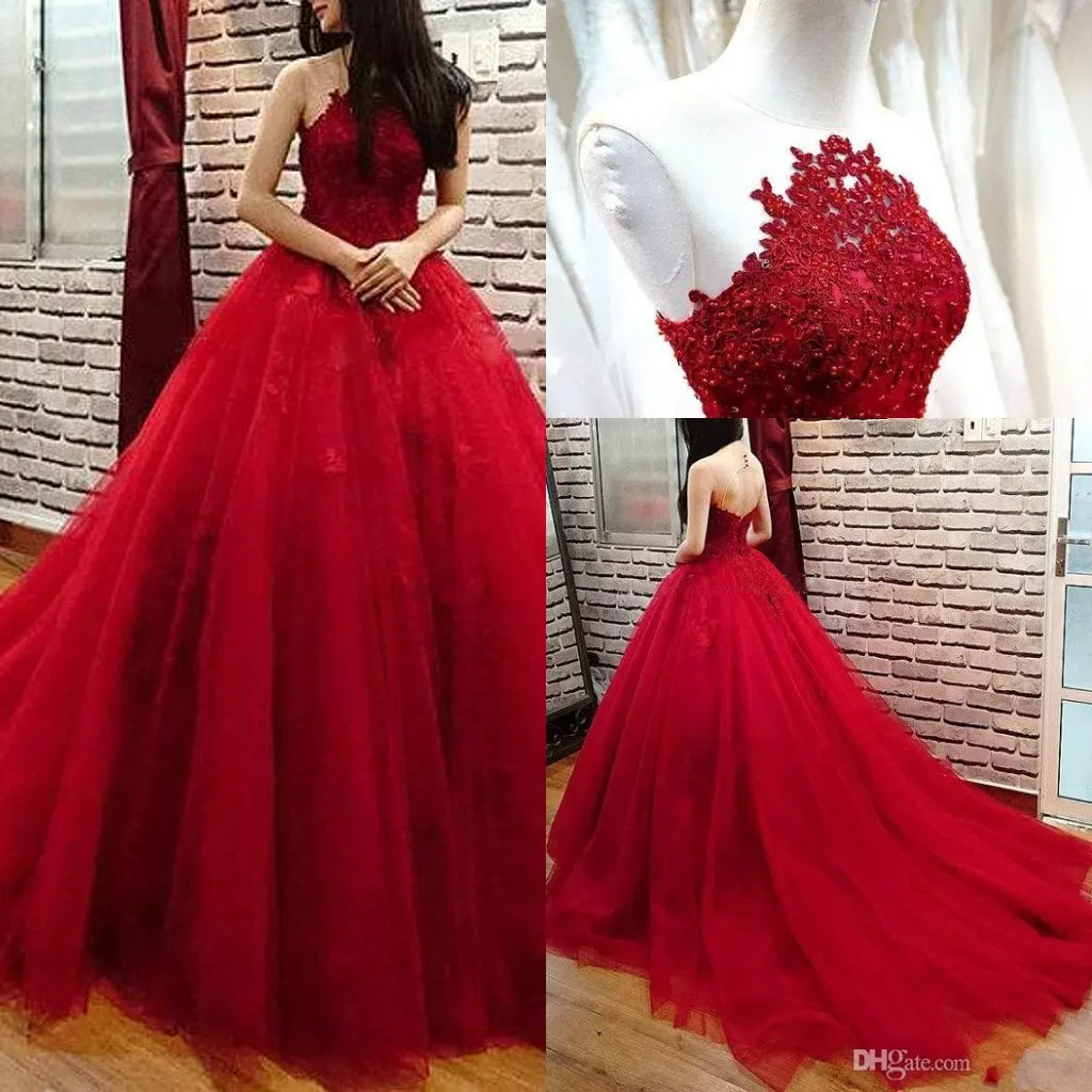 Sexy Dark Red Ball Gown Evening Dresses Wear Jewel Neck Lace Appliques Beads Tulle Puffy Custom Made Backless Prom Dress Formal Party Gowns