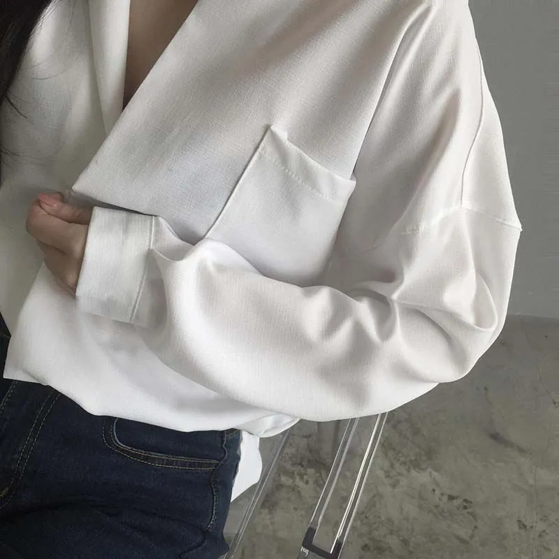 Chemises FashionLong Sleeve Woman blouse White shirt Ladies Pocket Shirt Women Casual Tops Plus Size Elegant Female White Blouse