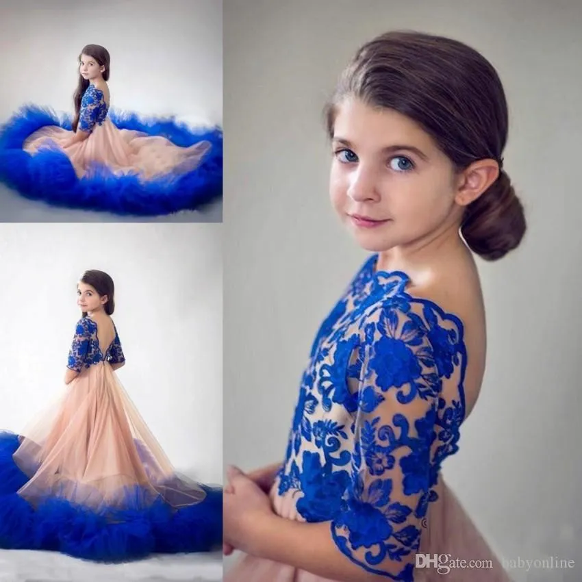 Principessa di lusso Royal Blue Appliques Ragazze Pageant Dress Backless Bateau Neck Tulle Ruffles Flower Girls Abiti per matrimoni Abito da spettacolo