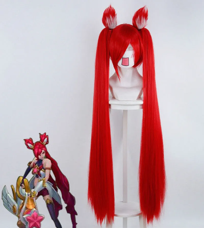 LOL League of Legends Jinx Magic Girl Red Straight Cosplay Hair Wig With Ears