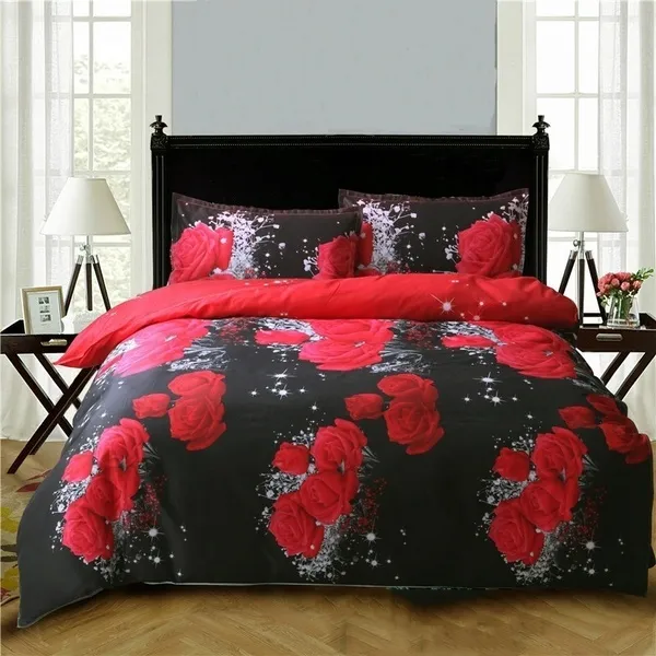 Mode Märke Högkvalitativ Nice3D Oljemålning Röd Rose Bedding Set Queen King Size Complant Bag Duvet Cover Set Red Black