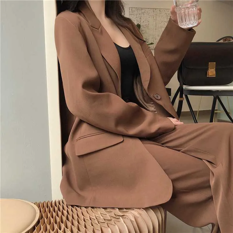 Casual Trousers Women Pass Long Blazer Jacket Feminino + Button Wide Leg Pant 2020 Spring Work Oversize Blazer Pant Suit 2 Piece