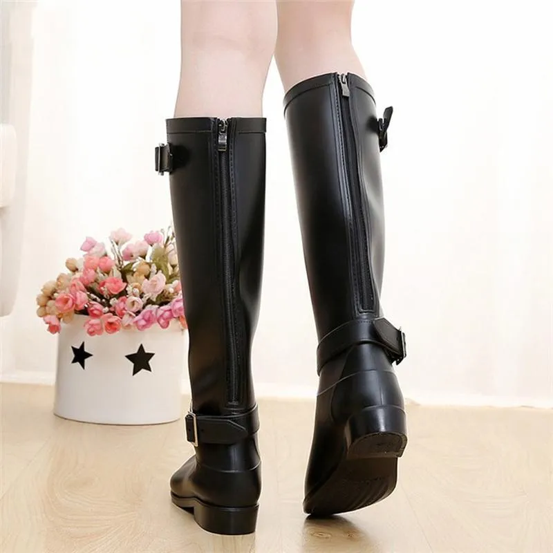 Hot Sale- Style Zipper Tall Boots Women's Pure Color Rain Boots Outdoor Rubber Water shoes For Female 36-41 Plus size