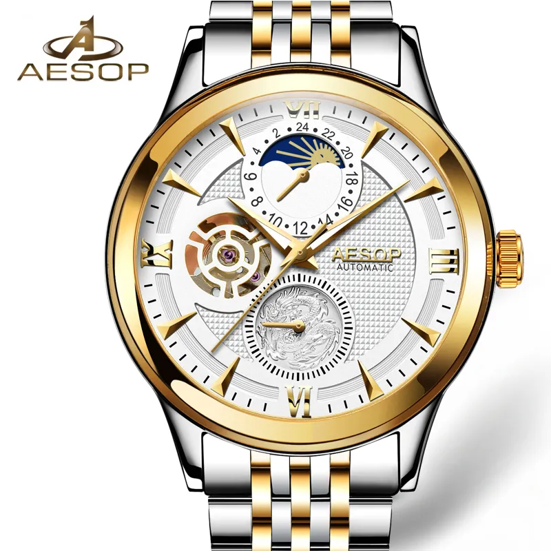 وفر الكثير عند شراء Men's Watch With Moon Phase AESOP Moon Phase Watch Men  Automatic Mechanical Watch Fashion Gold Wrist Watches Wristwatch Male Clock 