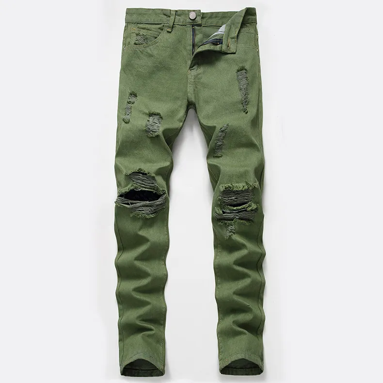 Men's Jeans Mens Knee Hole Trousers Ripped Army Green Autumn Winter Zipper Washed Retro High Street Fashion Denim Pants