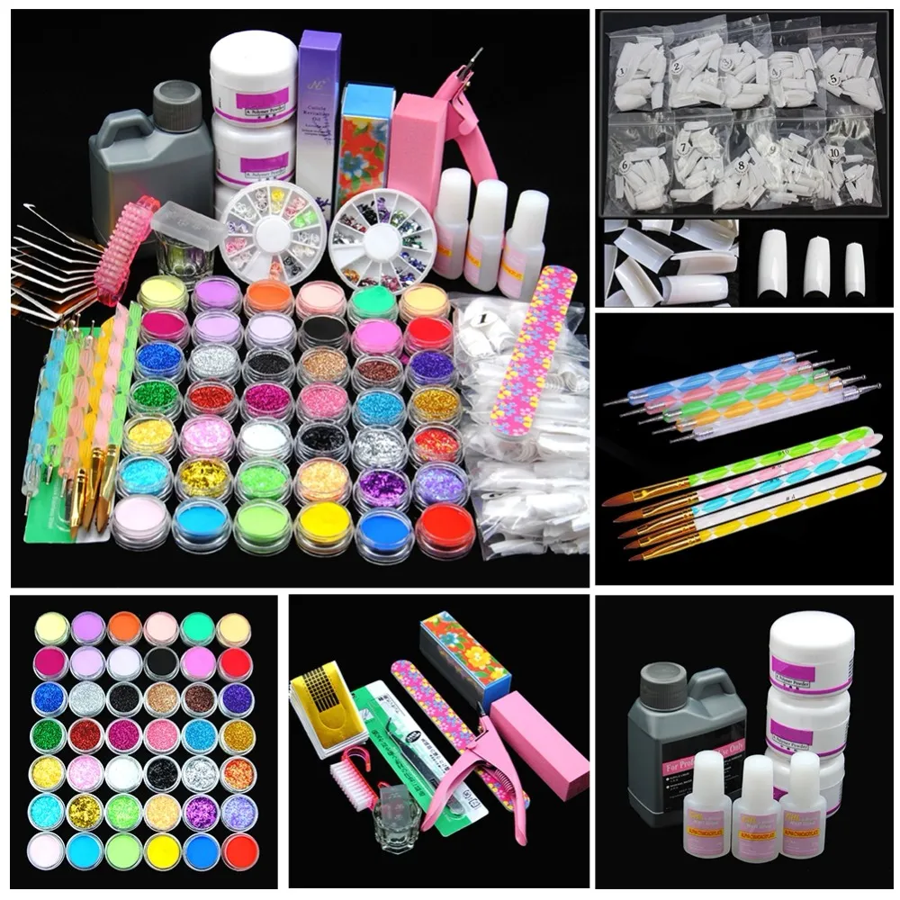 Pro acrylique puissance manucure Kit acrylique Conseils Cutter Glitter Strass fichier Pinceau manucure Nail Art Tool Set Kit Gel