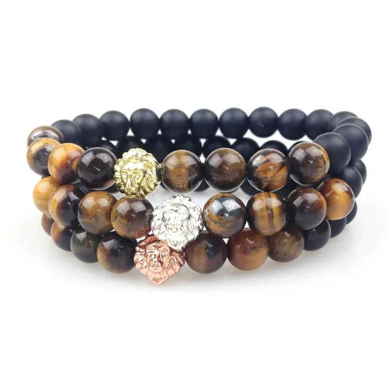 SN0356 Or Rose Or Argent Plaqué Tête De Lion Bracelet Oeil De Tigre Noir Onyx Pierre Bracelet Femmes Hommes Perlé Bracelet Extensible