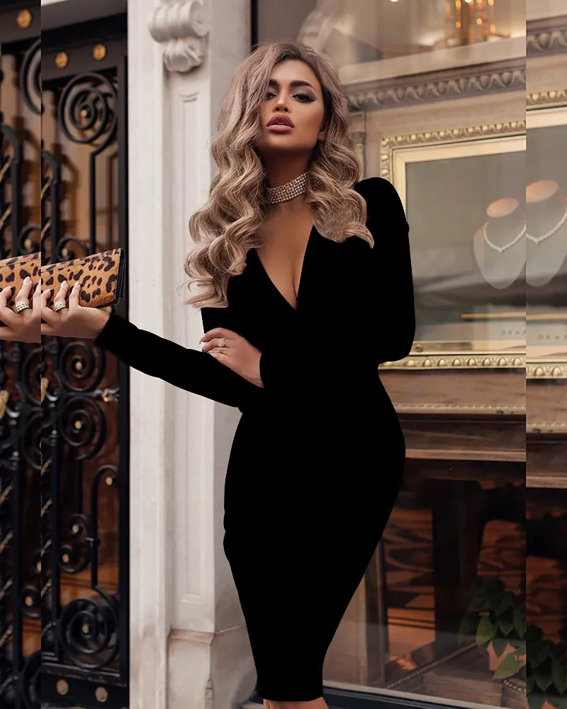 Sexy Bodycon Mini Dress - Deep V-Neck, Long Sleeve Party Dress for Women,  Solid Colors, Autumn/Winter Fashion, S-XXL - Buy Now! from Dhgate Basic &  Casual Dresses - price 25.35