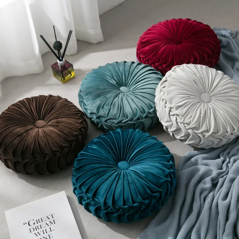 Velvet Pleated Round Pumpkin Throw Pillow Couch Cushion Floor