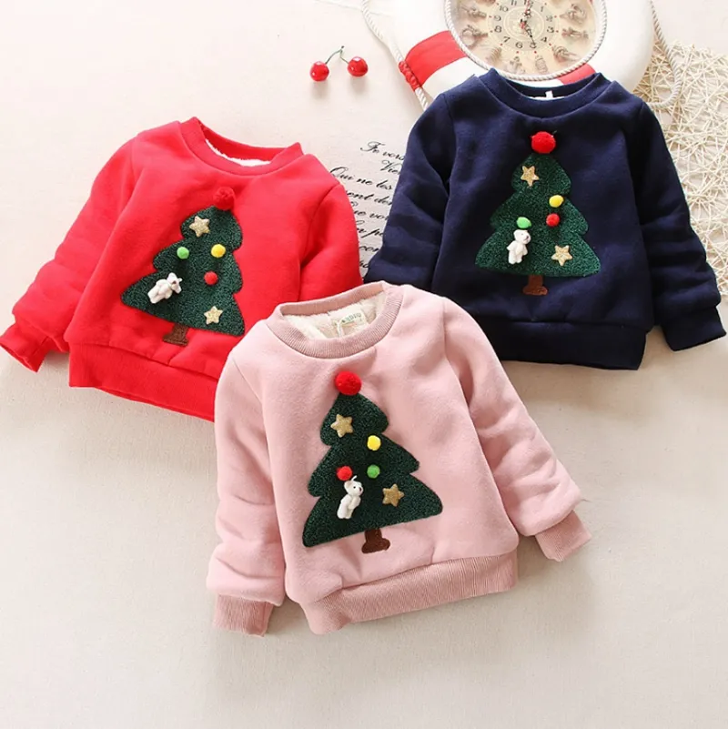 Toddler Baby Clothes Christmas Tree Girls Pullovers Thicken Boys Tops Kids Winter Outerwear Warm Baby Clothing 3 Colors DW4666