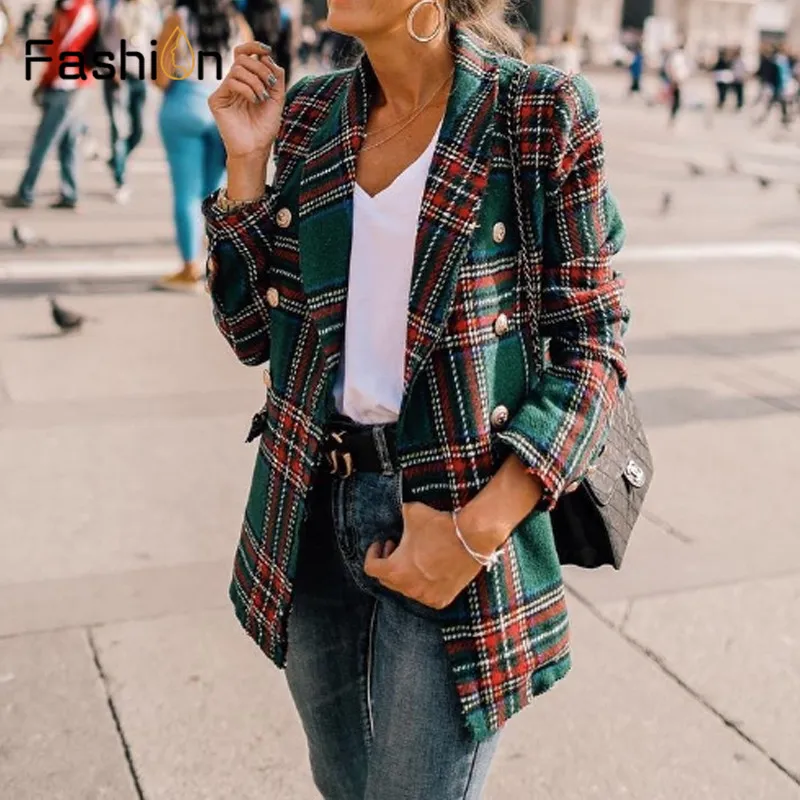 Vintage Double Platted Coats Frayed Sprawdzone Tweed Blazers Płaszcz Kobiety Kieszenie Blazer Plaid Damska Odzież Obiego Dorywczo Casado Femme