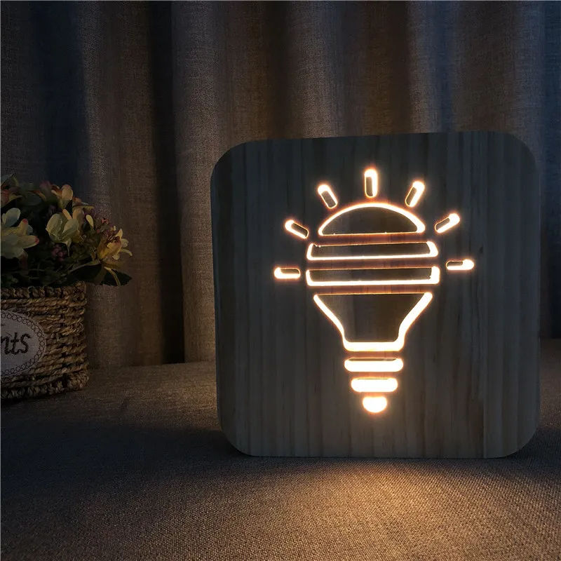 Luzes da noite da bulbo de madeira criativa LED Lâmpada de mesa lâmpada de mesa oco lâmpada de cabeceira branca quente de madeira maciça escultura 3d lâmpada