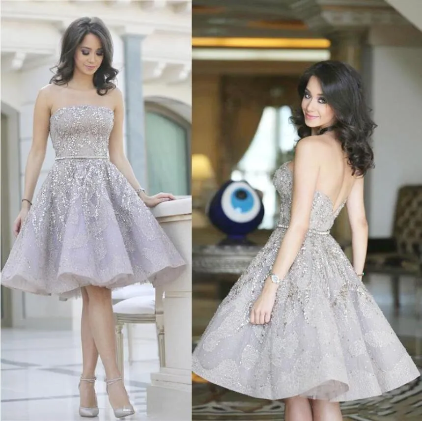 Sparkly Short Homecoming Dresses A Line 2019 Stropless Knee Length Sequins Beaded Graduation Dress Arabic Cocktail Prom Party Gowns