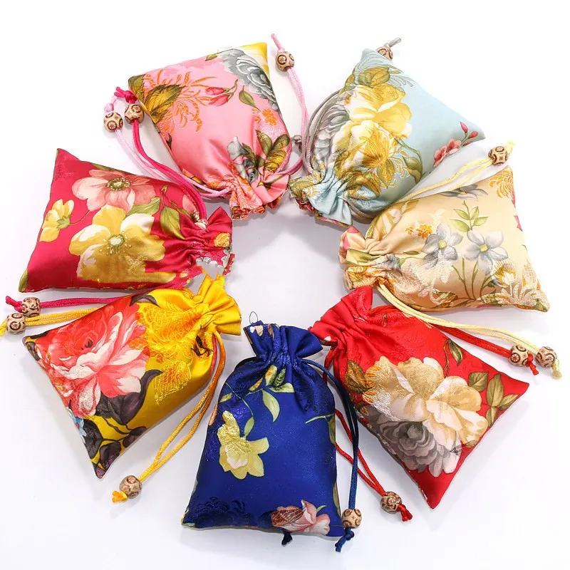 Latest Bright Flower Small Cloth Jewelry Pouch Drawstring Chinese Silk Brocade Pouch Christmas Gift Bag Wedding Party Favor Bag 3pcs/lot