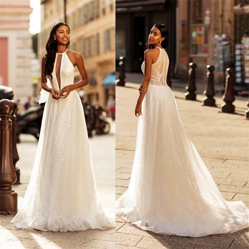 Custom Made Halter A Line Wedding Dress With Appliqued Lace And Tulle,  Sleeveless And Sexy With Hollow Sweep Train Robes De Mariée From  Longzhiwen, $134.98