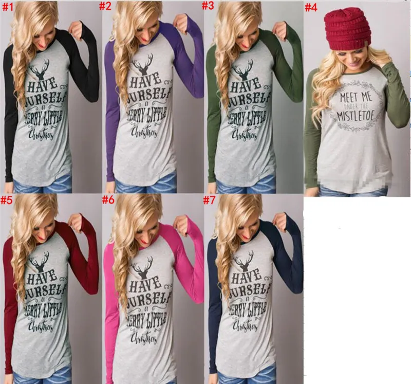 Noël Femmes T-Shirt À Manches Longues Elk Noël Lettre Rayé Cerf T-shirt Casual Santa Claus Blouse Mode Chemises À Manches Longues 7 Couleurs