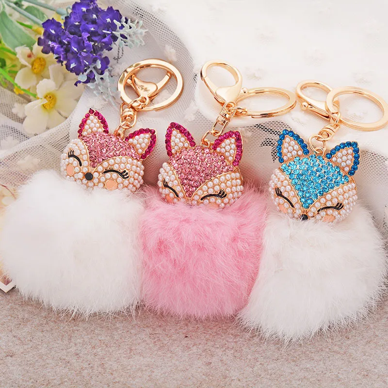 Fox Head Rabbit Fur Ball брелок мягкого прекрасный розовый металл брелок шарик Pom Poms плюш автомобиль Keychain Keyring сумка Аксессуар VT0826