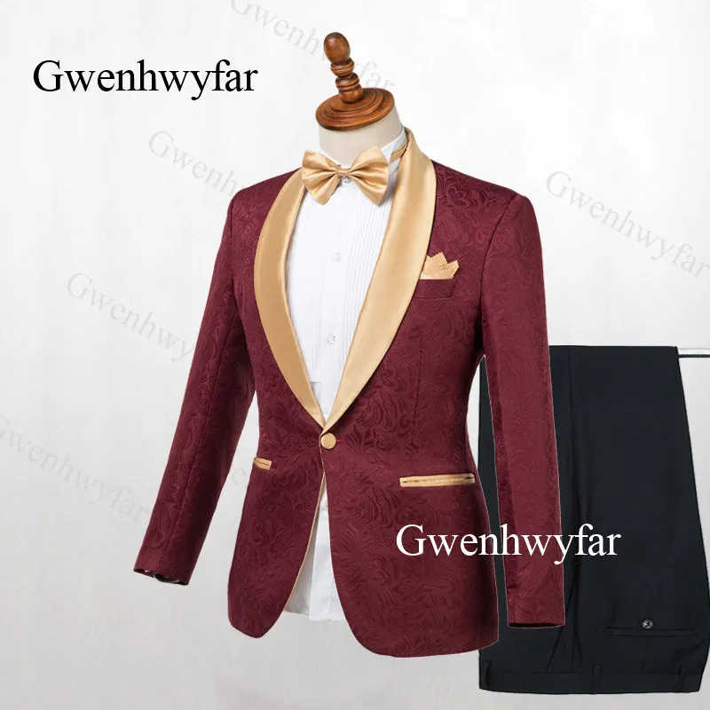 Gwenhwyfar يتأهل الزفاف العريس البدلات الرسمية ل المغني prom رجل دعوى الذهب التلبيب 2 أجزاء عنابي أسود سترة السراويل الرجال الملابس