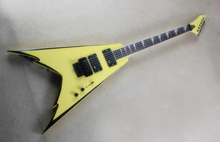 Personalizada de fábrica V Forma guitarra elétrica amarelo com preto Strip, Floyd Rose Bridge, Branco Encadernação Neck, pode ser personalizado