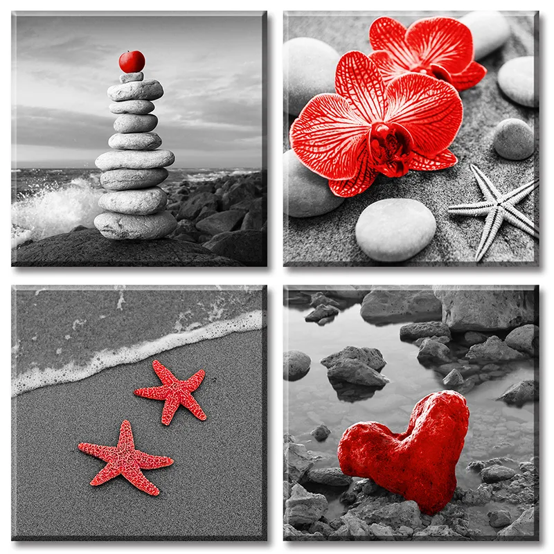 Zen Steinkunst Strand Wandkunst Schwarz-Weiß Sonnenblume Rot Starfish Sandbeach Artwork Romantik Loveshell Seascape Theme Ozean Leinwand Badezimmer