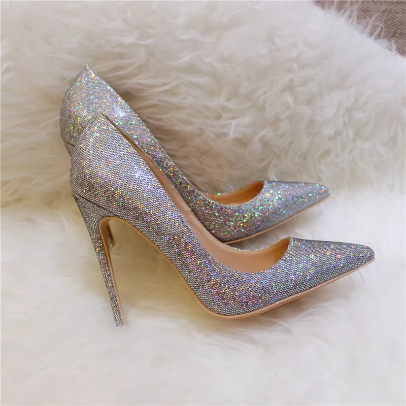 fashion Women pumps silver glitter point toe bride wedding shoes high heels genuine leather real photo 12cm 10cm brand new