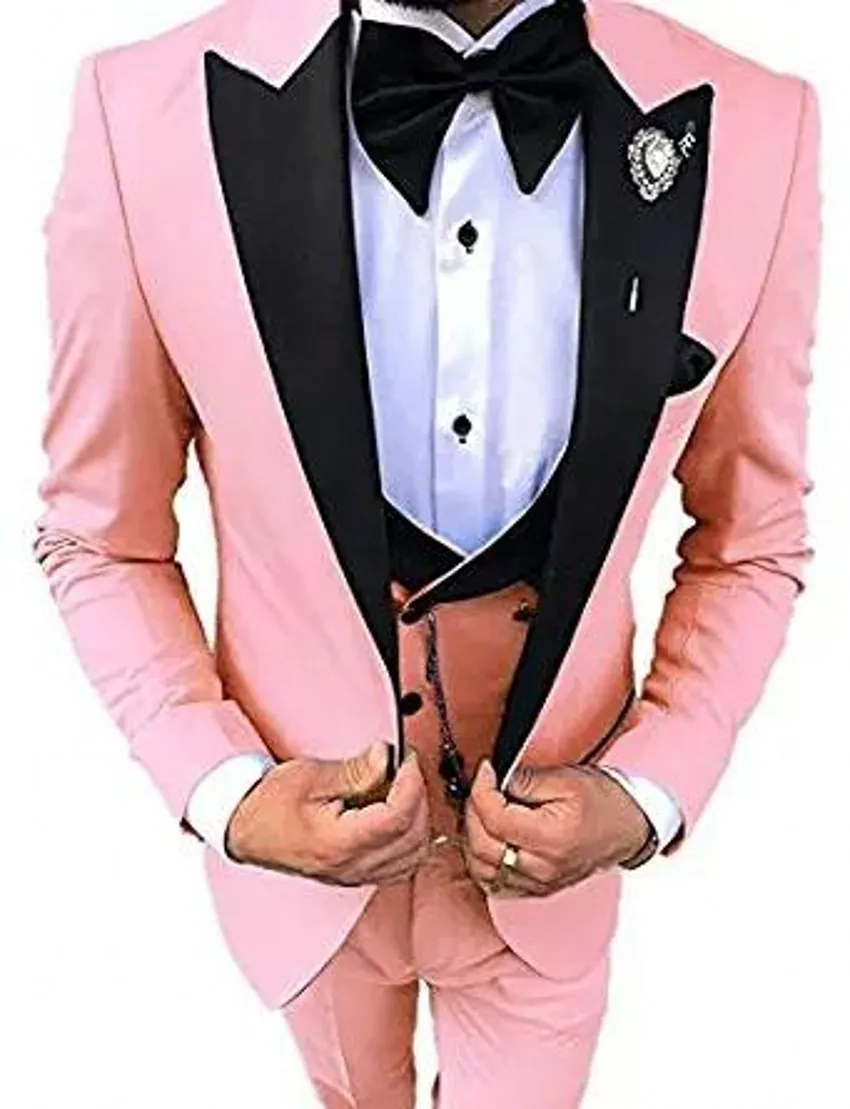 Fashion Pink Groom Tuxedos Black Peak Lapel Groomsmen Mens Wedding Dress Excellent Man Jacket Blazer 3Piece Suit(Jacket+Pants+Vest+Tie) 1818