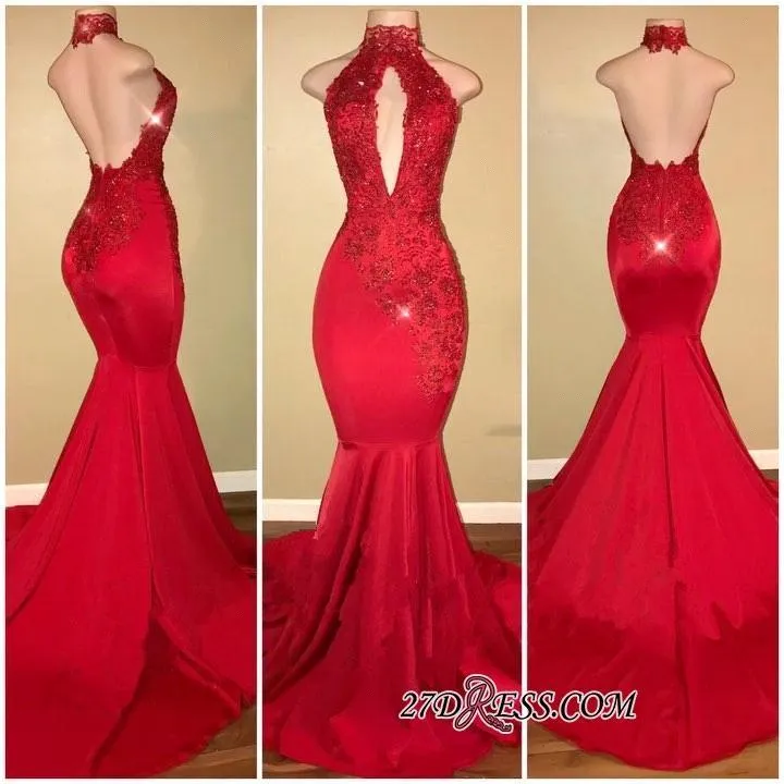 Robes de bal sexy sirène rouge col en V profond dentelle appliques licou cou dos nu longueur au sol robes formelles robes de soirée personnalisées