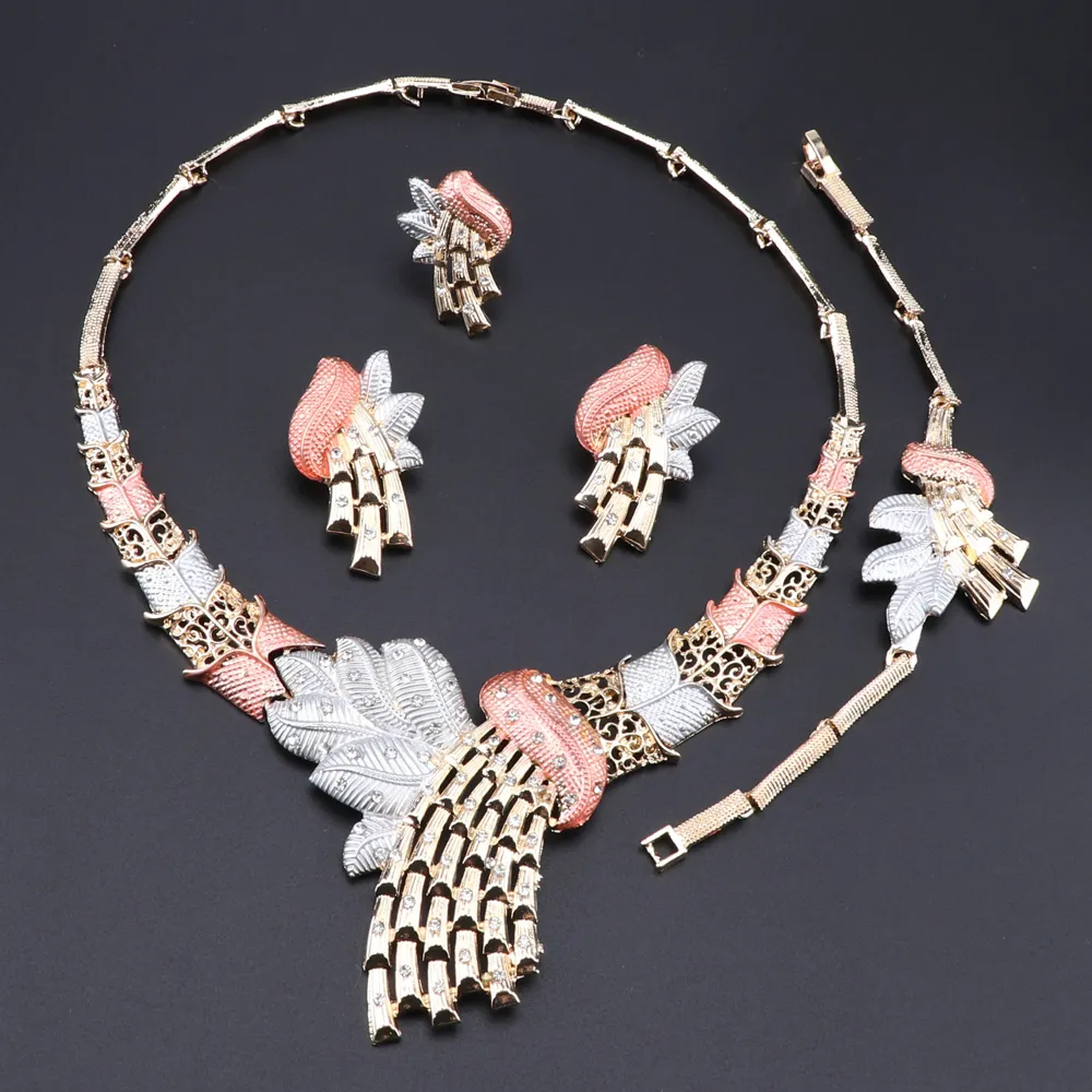 Dubai Jewelry Sets Gold Silver Wedding Necklace Earrings Bracelet Ring Set for Women Bridal Party Costume Accessories204L