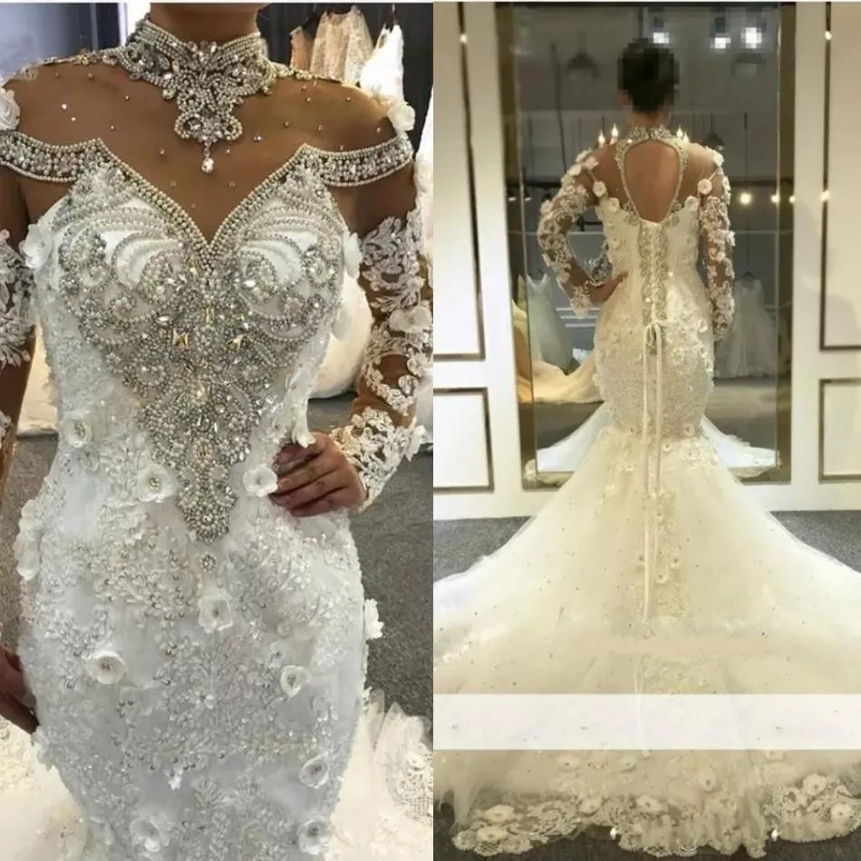 Luksusowe Suknie Syrenki Suknie Ślubne Wysokie Sheer Dekolt Major Frezowanie Kryształy Iluzja Długie Rękawy Sukienka Bridal Sukienka Lace Up Powrót Vestido de Noiva