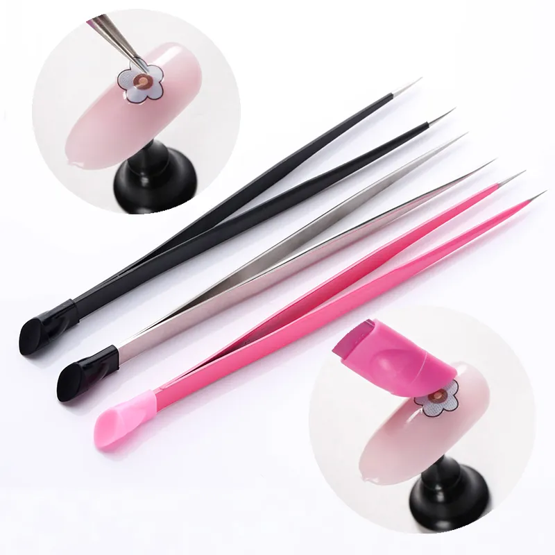 1pc 2 heads Straight Nail Tweezers with Silicone Pressing Head for 3D Sticker Rhinestones Water Sticker Picker Metal Nails Tools