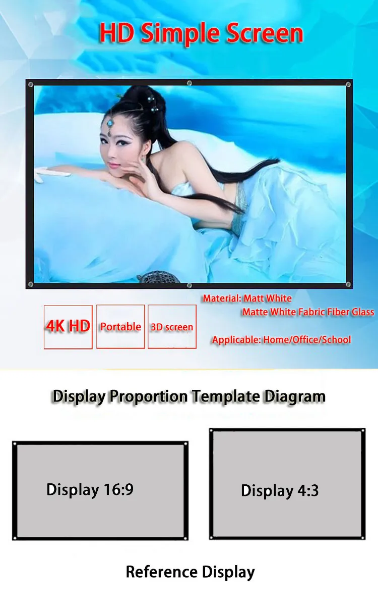 Portable Projector Screen 16:9 100 Inch Foldable White LED Projection Screens For Wall Mounted Home Theater Movies