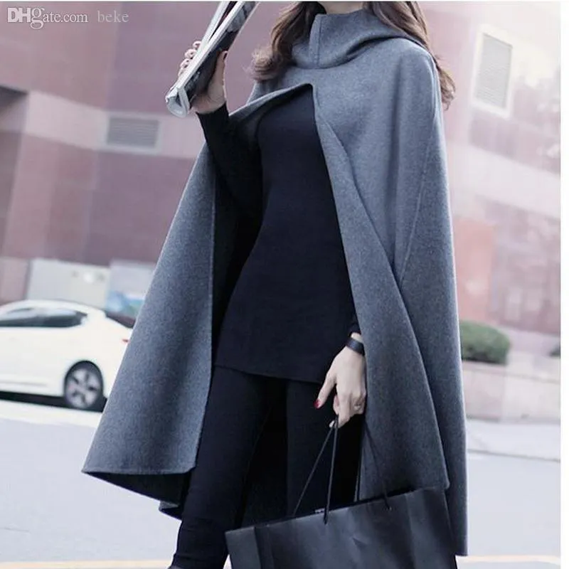 Toptan-Moda Kadın Kapşonlu Capes Ve ponchoes Sonbahar Kış Kadın Şık Gri Cloak Blend Cape Kadın Hoody Panço WT0013-G