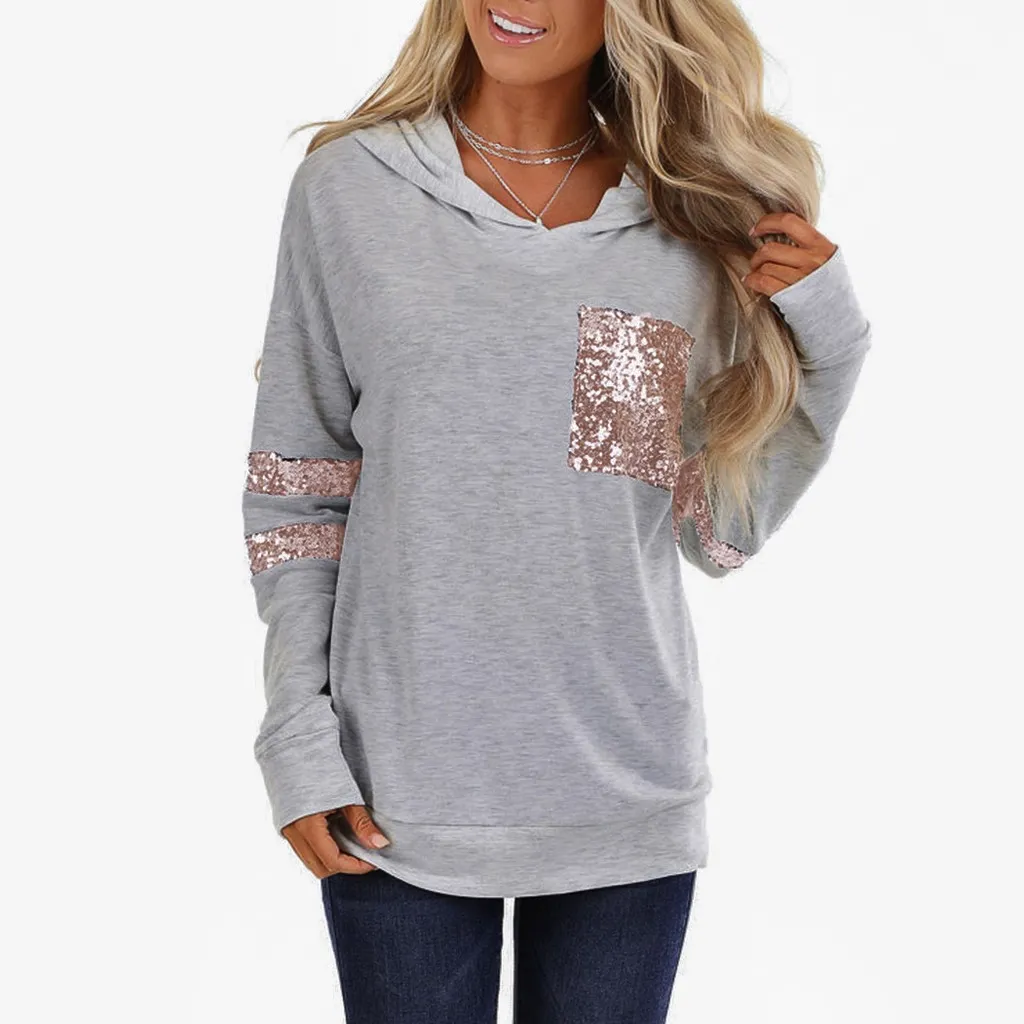 Fashion Sequins Pocket Hooded Blouse 2019 Casual Winter Ladies Losoe Bottom Topps Kvinna Kvinnor Långärmad Skjorta Blusas Pullover