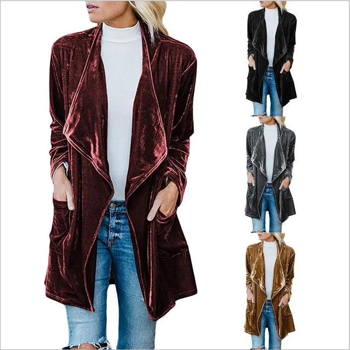 Trench Coat Women Clothes Pleuche Cardigan Girl Fashion Casual Jackets Winter Long Sleeve Hoodies Pocket Outerwear Vestidos Costume B4264