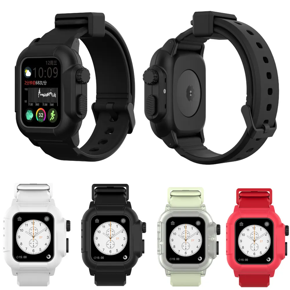 Fullständigt skydd Vattentät täcke Case Band för Apple Watch Straps Bands 40 / 44mm Sport Silikon Wristband Armband Strem för Iwatch Series 4