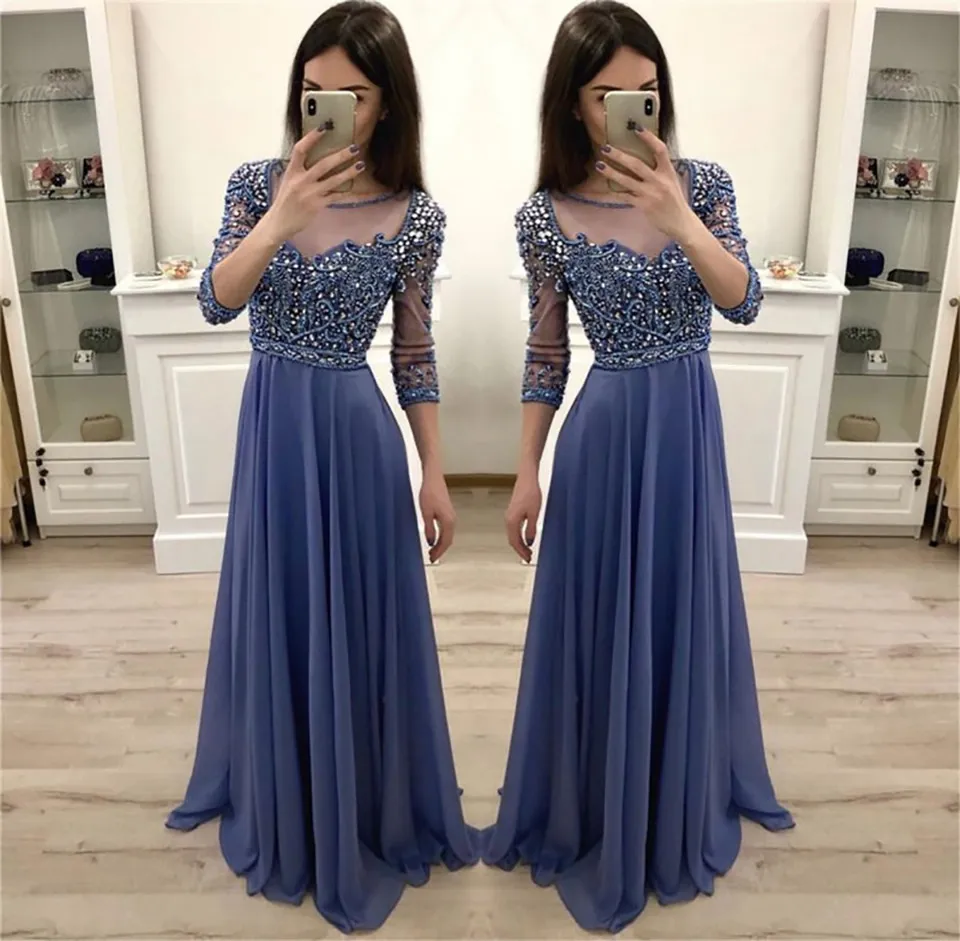 Luxury Tunga Beaded Crystals Blue Prom Klänningar Lång Elegant Chiffon Långärmad Evening Party Dresses Vestidos de Gala