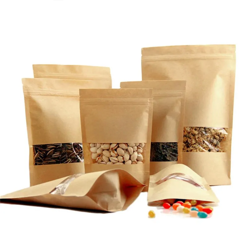 Kraft Zipper Paper Bag Stand Up Reusable Sealing Pouches with Transparent Window Storage Bags for Food Coffee