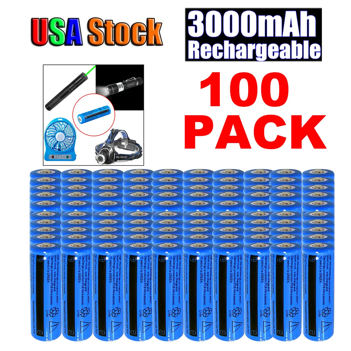 100PCS 3000mAh Oplaadbare 18650 Batterij 3.7v BRC Li-Ion Batterij Niet AAA of AA Batterij voor Zaklamp zaklamp Laser Pen