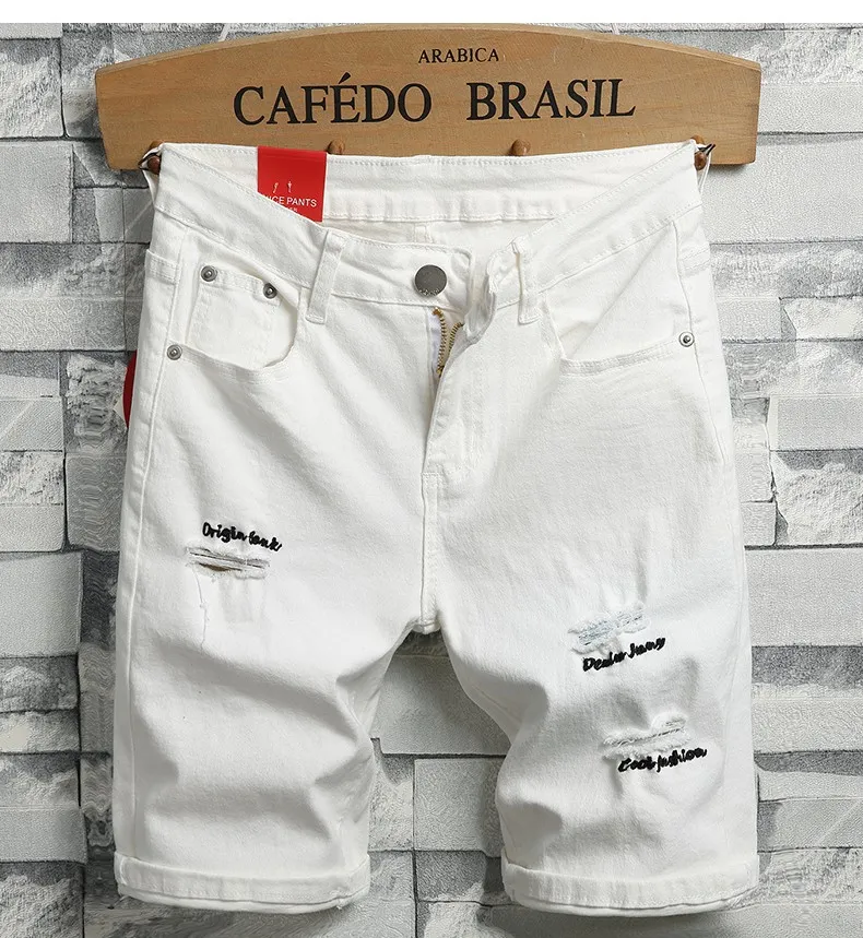 Hommes Skinny Denim Shorts Blanc Court Jeans Nouvel Été Hommes Stretch Slim Denim Court Jeans Haute Qualité Coton Shorts