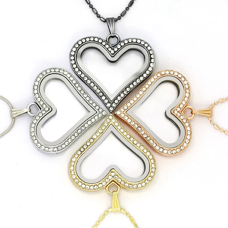 5PCS Medaglione con ciondolo galleggiante in vetro magnetico a forma di cuore in lega di zinco + strass (catene incluse gratuitamente) LSFL05