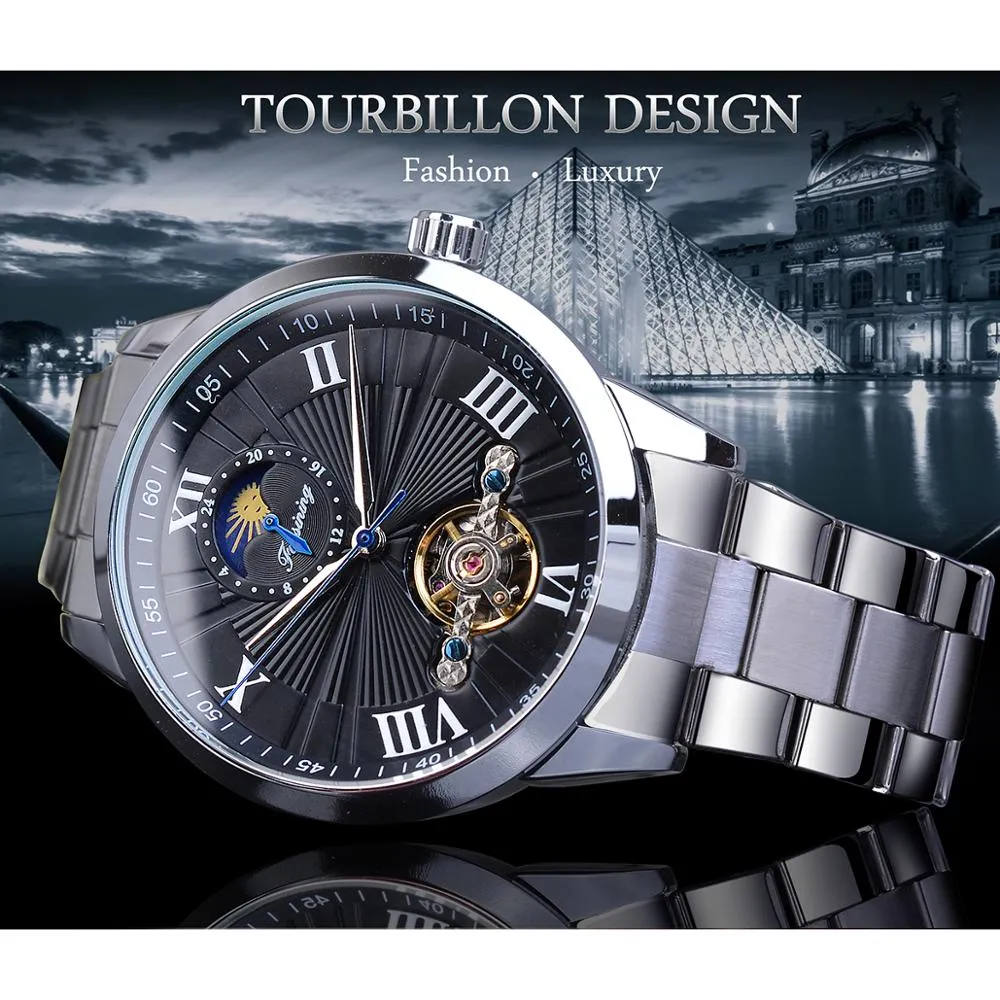 Klasik erkek tourbillon mekanik saat moda markası siyah moonfase iş çelik grubu otomatik saat reloj hombre269c