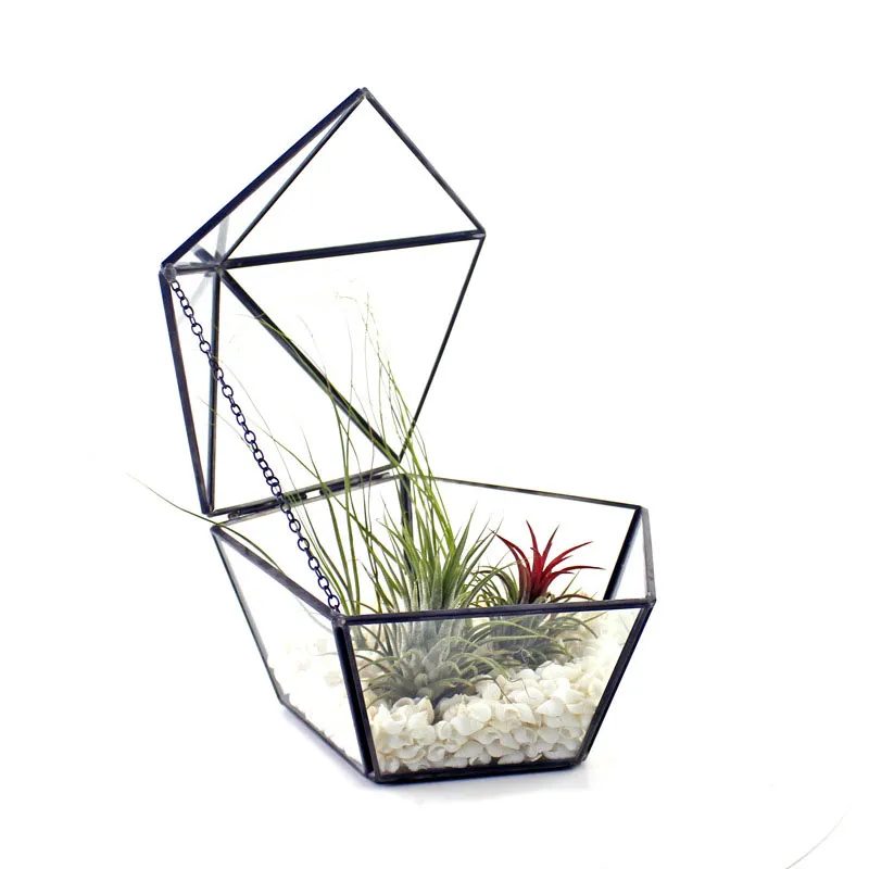 Fioriera per esposizione di piante grasse a forma di pentagono con coperchio basculante Scatola portaoggetti artistica per gioielli in terrario di vetro geometrico moderno